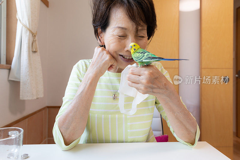 老女人和宠物鸟玩