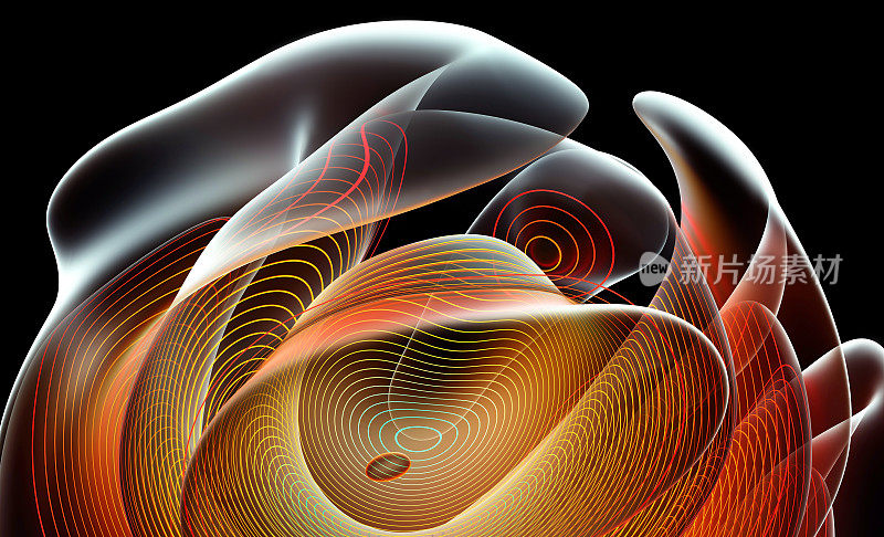 抽象艺术的3d渲染，部分超现实的异域花朵雕塑在曲线中波浪圆形球形螺旋扭曲线形成透明的亚光塑料材料，表面发光平行同心条纹在黄色和橙色渐变颜色