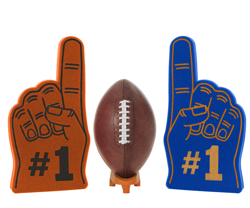 美式足球在白色背景之间的一个巨大的橙色对蓝色泡沫#1手指的大比赛。