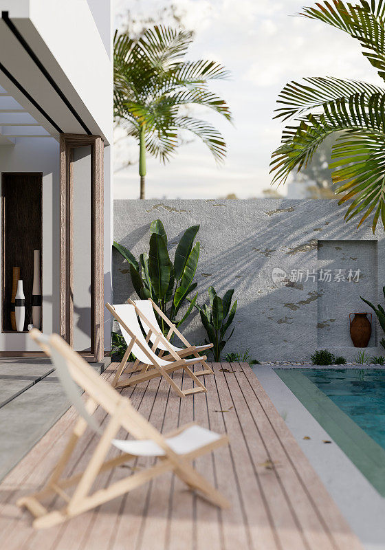 现代私人泳池别墅露台配有沙滩椅，游泳池和热带户外植物。