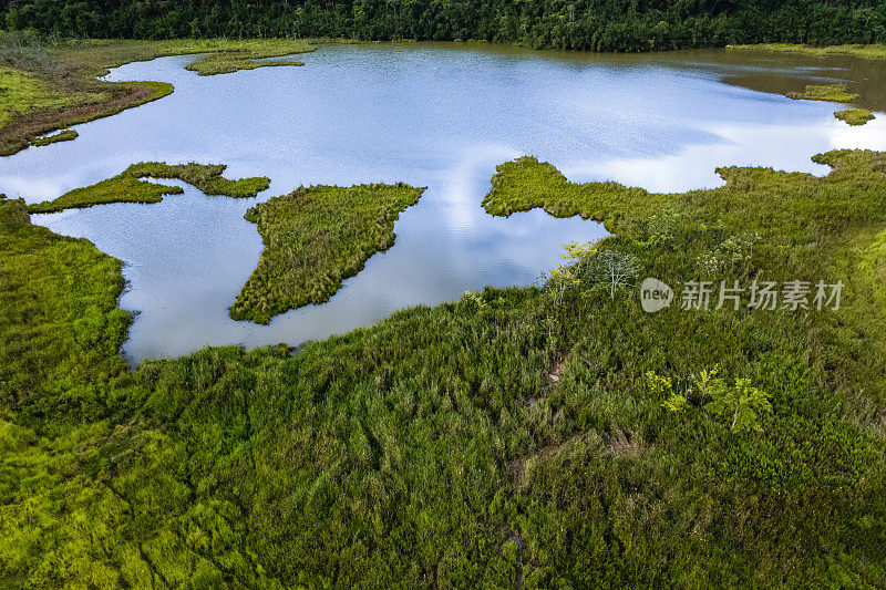 热带雨林中的大湖的无人机视图