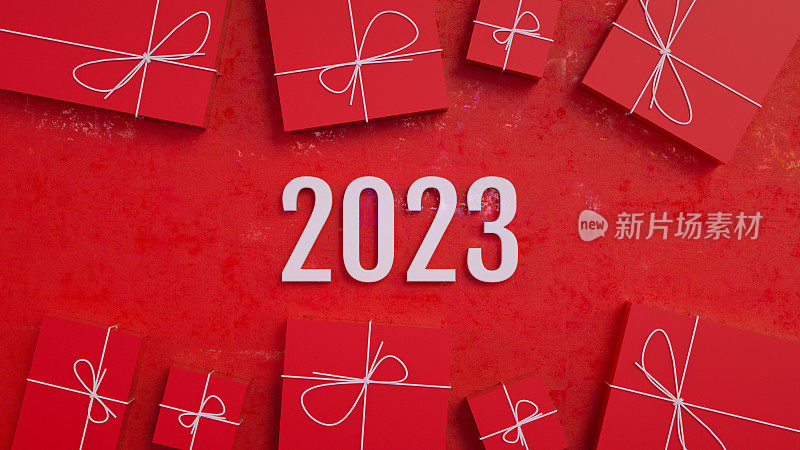 2023新年，红色背景礼盒