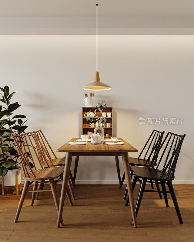 带吊灯的时尚餐桌和椅子，木地板上的家庭植物，三维渲染装饰
