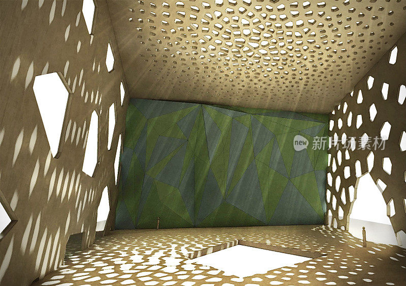 voronoi图案的艺术木质室内空间三维渲染