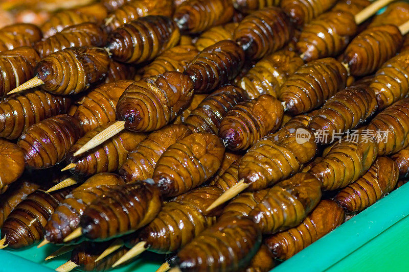 蚕蛹，中国北京王府井夜市的传统街头小吃