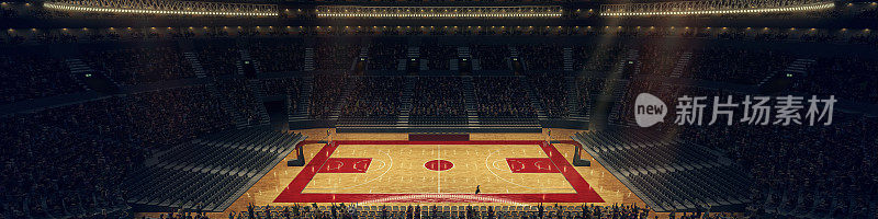 鸟瞰图。3D渲染空荡荡的篮球场，赛场前的冠军。体育场里挤满了球迷。场地的团队游戏与拥挤的阶段。