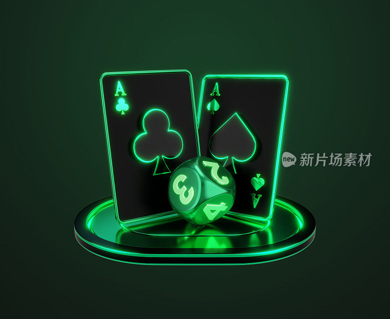 百家乐纸牌和骰子与剪辑路径上深绿色的背景