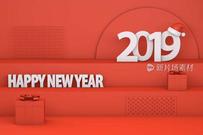 楼梯上戴着圣诞帽的2019年新年