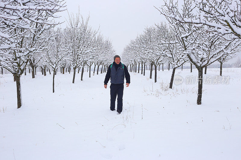 成年男子徒步旅行者戴着针织帽徒步在下雪的冬天的自然