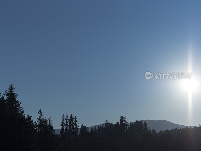 太阳蓝天剪影树木山与复制空间