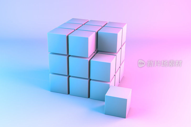 3D渲染立方体块与霓虹灯