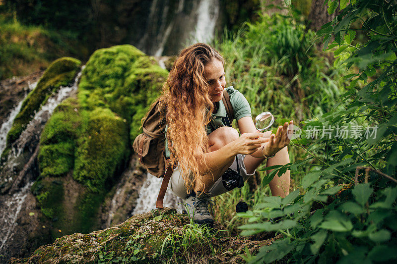 在瀑布边探索植物的女生物学家