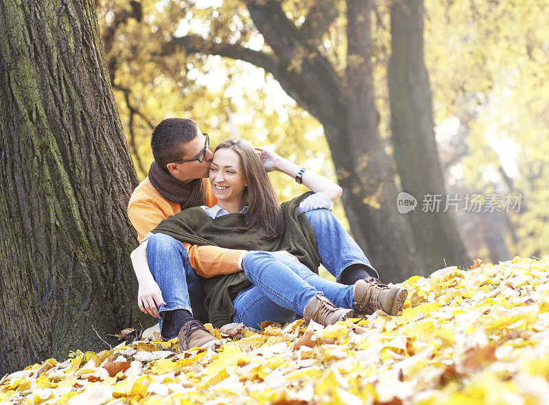 一对年轻夫妇坐在公园的树下