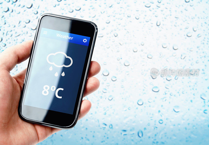 手持智能手机与天气与雨天窗口