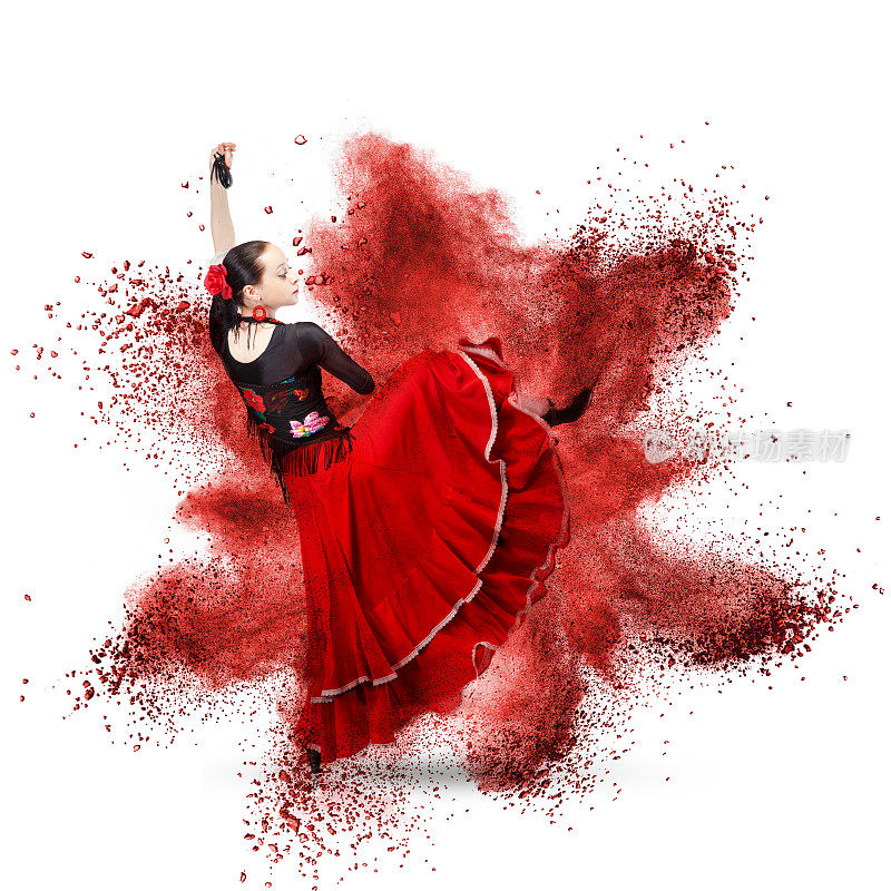 年轻女子跳着弗拉明戈舞对抗红色爆炸
