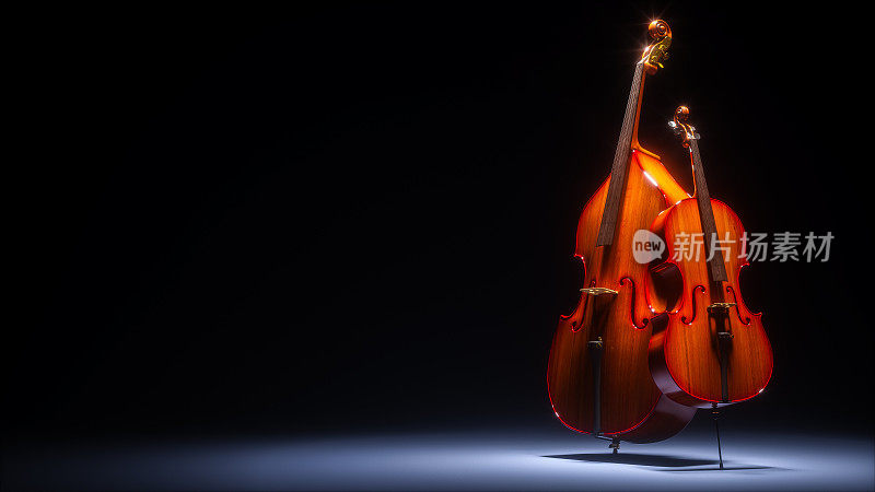 低音提琴和大提琴在黑暗的工作室3D渲染