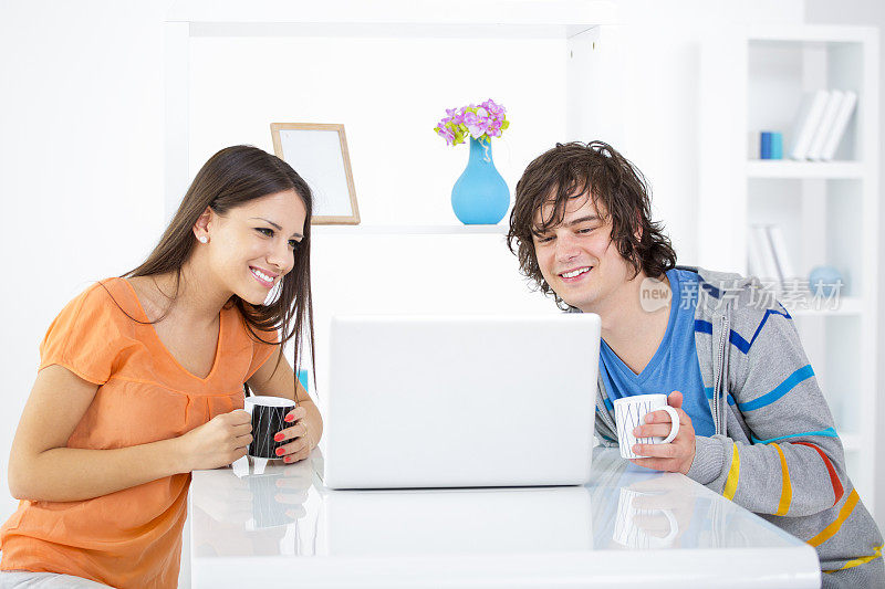 欢快的年轻夫妇使用笔记本电脑。