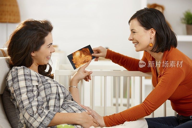 孕妇向朋友展示超声波图像