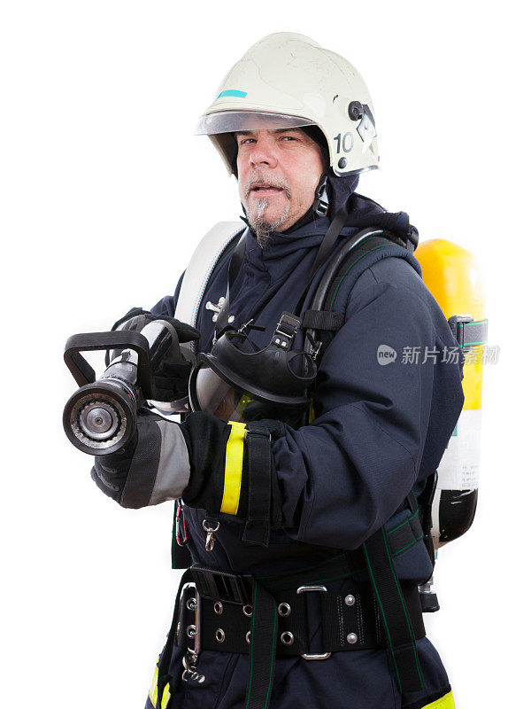 带着氧气面罩和涡轮喷气发动机的消防员