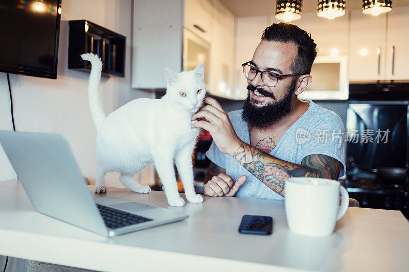 一个在家工作的男人，旁边有一只白猫