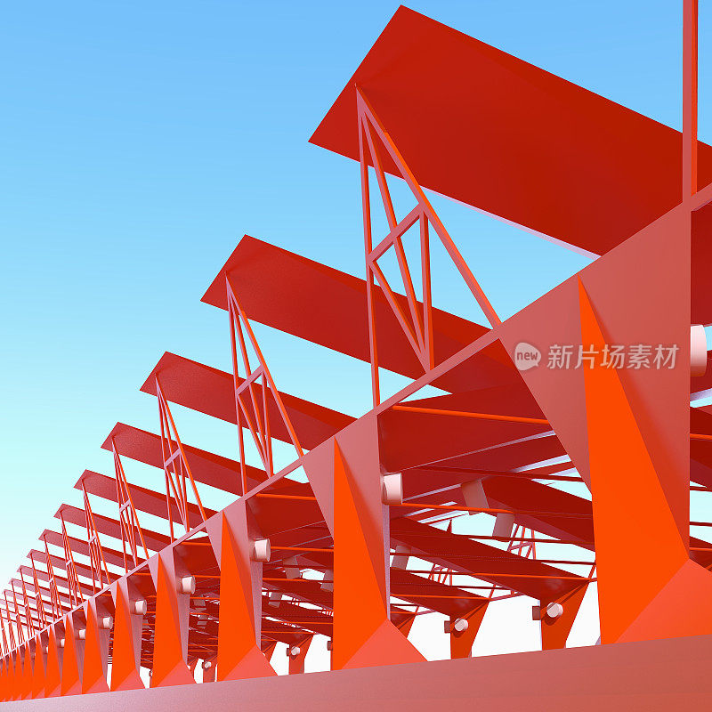 红色开放式建筑结构的三维渲染。现代建筑，如机库、车库或火车站。
