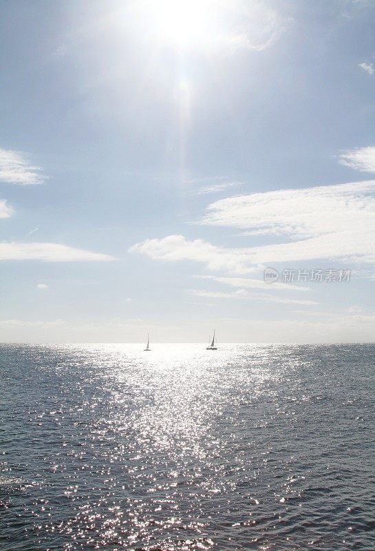 太阳在海上，游艇在远处