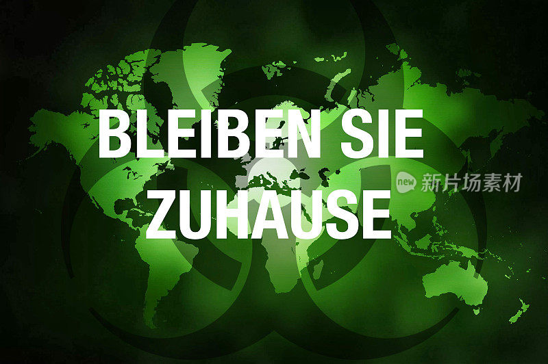 世界地图与生物危害标志和留在家里的口号。