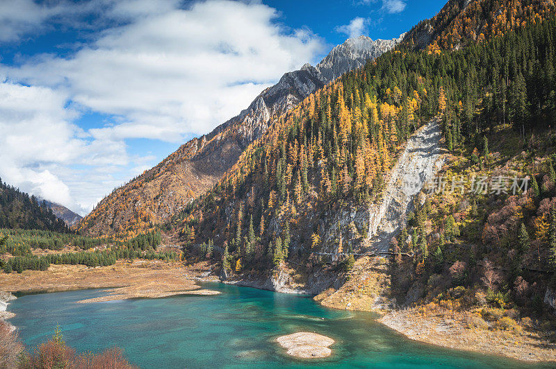 在九寨沟自然(九寨沟国家公园)，中国九寨沟秋林之间的五花湖晶莹剔透的水和美丽的风景