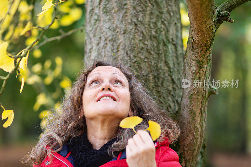 成熟的女人在户外秋天倚在银杏树