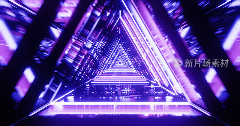 抽象的未来主义的紫罗兰蓝色走廊三角形，几何隧道，3d插图