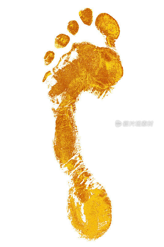 金色的人赤脚的脚印在白色的背景孤立近距离，金光闪闪的金色金属人脚印插图，黄色的脚步剪影，光脚形状的印章，印记，标志，符号