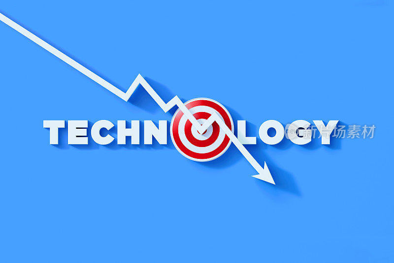 风险和损失概念-线图与箭头下降在技术文本和红牛的眼睛目标在蓝色背景