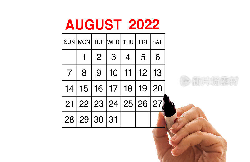 2022年日历8月白色背景