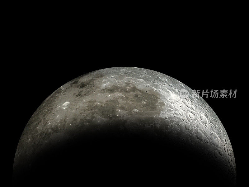 在黑色的外太空背景下的地球满月在夜空的星星背景下的月牙。令人惊叹的小月球表面被太阳和月球黑暗的一面照亮。在繁星点点的夜空中划出戏剧性的线条