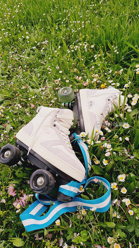 靠近白色溜冰鞋躺在花之间的草地上。