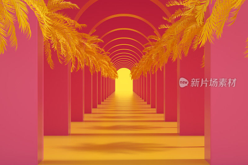 隧道走廊展示舞台与棕榈树