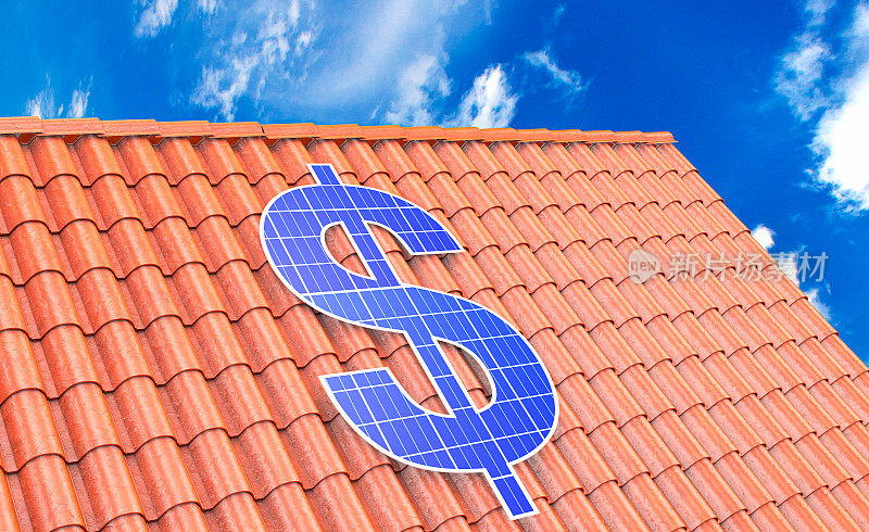 太阳能电池板以美元符号的形式放在屋顶上，由屋顶瓦片制成