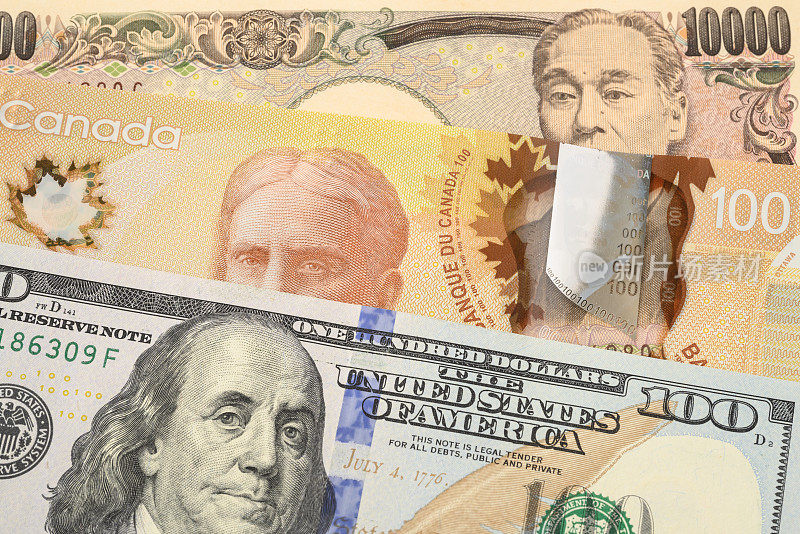 美元100元，加拿大100元，日本10000日元纸币特写-货币兑换