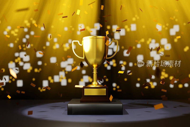 冠军领奖台上的金杯与飘落的五彩纸屑，荣耀的时刻，3D渲染。