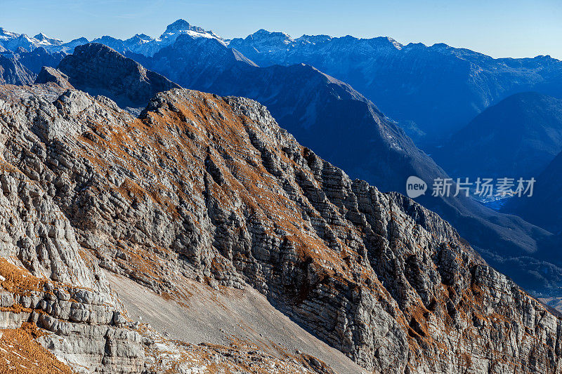 来自欧洲斯洛文尼亚滨海卡宁的朱利安阿尔卑斯山山景城。