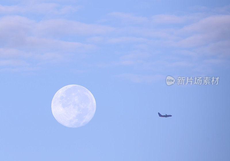 喷气式飞机掠过满月和云层的剪影