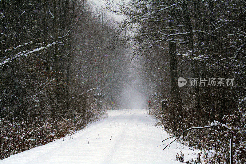 冬天的暴风雪掩埋了纽约乡村废弃的铁路轨道