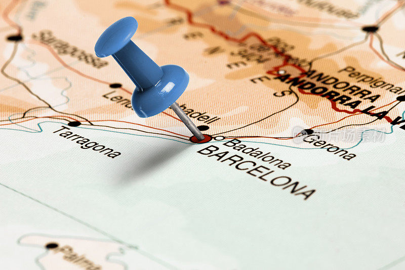 巴塞罗那的位置。地图上的蓝色大头针。
