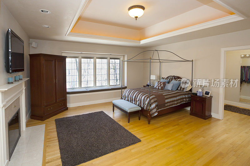 宽敞的卧室，硬木地板，拱形天花板
