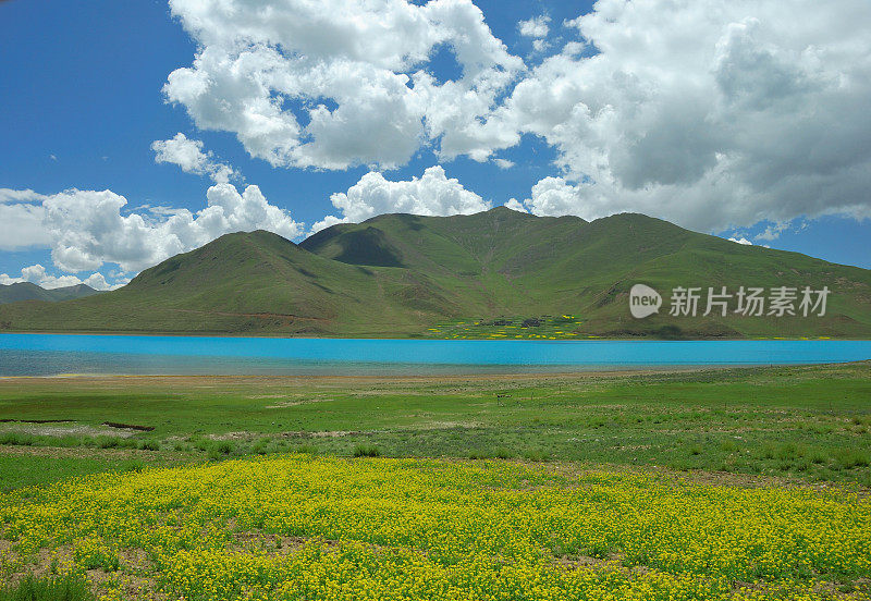 油菜籽田，绿松石冰川湖和云景