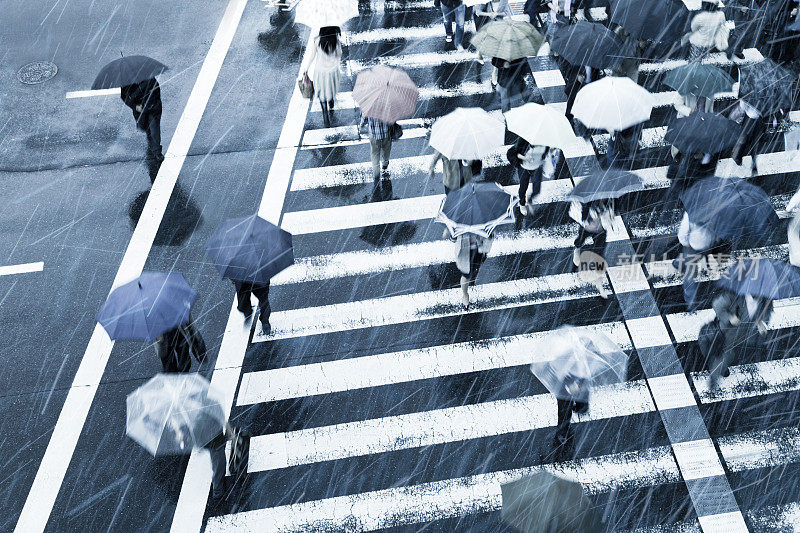 繁忙的人行横道场景在雨天与模糊运动