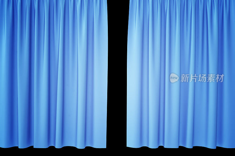 为剧院和电影院打开黑色背景的蓝色丝绸窗帘。三维渲染