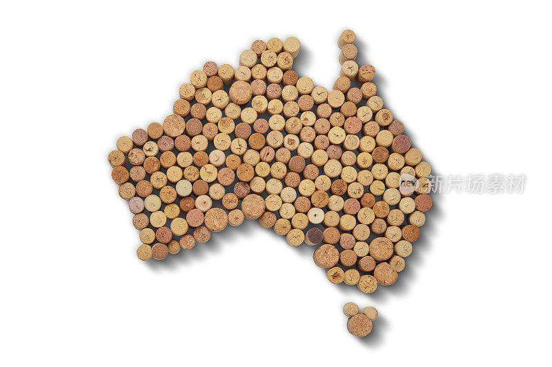 国家酿酒师-地图从葡萄酒软木塞。白色背景的澳大利亚地图。