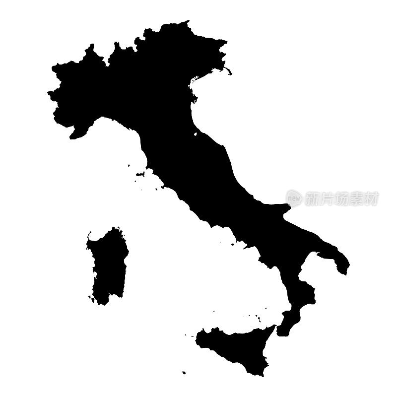 意大利黑色剪影地图轮廓孤立在白色3D插图