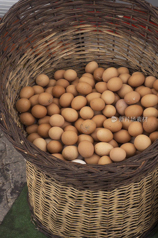 柳条篮子里的新鲜农场鸡蛋